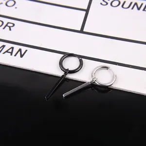 Unisex titanium steel hoop earrings with long rectangular bar pendants in black and silver