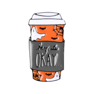 Detail of Halloween coffee cup enamel pin with ghost, bat and web decorative elements