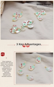 Macro view of transparent cherry resin charms with smooth finish and metal loops