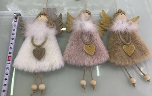 Detailed view of plush Christmas angel dolls in white pink and khaki with measuring tape