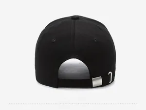 Detailed back view of a black cotton baseball cap showing metal buckle and stitching