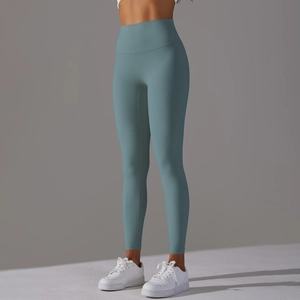 Vue latérale détaillée du legging de yoga taille haute sans couture en bleu brumeux