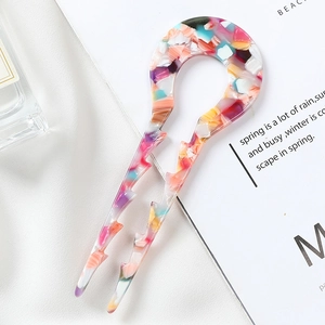 U-shaped acetate hair pin with colorful marble pattern and non-slip wavy teeth design