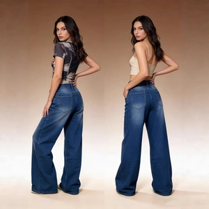 Fashionable high-waisted wide-leg denim jeans in dark blue wash for a slimming fit effect