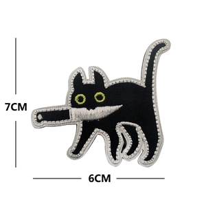 Funny black cat embroidery patch holding a knife with velcro backing for outdoor gear 7cm