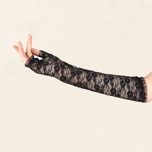 Elegant black lace long fingerless gloves with floral crochet and ruffled edges for sun protection