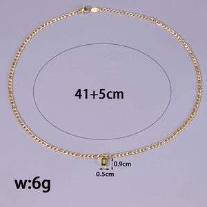 18K gold plated Figaro chain necklace with olive green rectangular zircon pendant 41+5cm