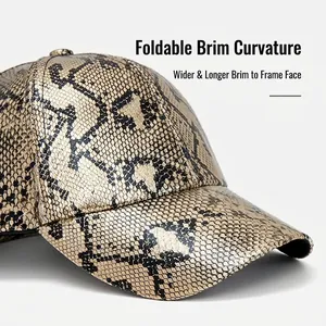 Fashionable faux snake skin baseball cap with gold and black print and curved brim