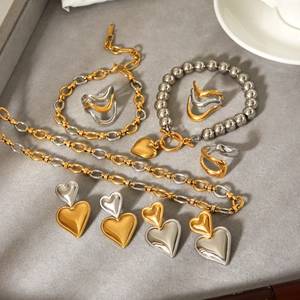 Two-Tone Stainless Steel Necklace Earrings Rings Bracelet Heart Pendant Fashion Jewelry Women High-End Elegant INS Style