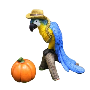 Resin parrot on tree stump and pumpkin decoration set for garden harvest decor