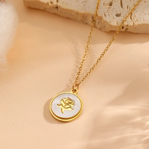 18K gold plated stainless steel necklace with round white shell rose flower pendant