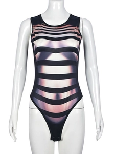 Sleeveless bodycon bodysuit with optical illusion stripe print on a white mannequin