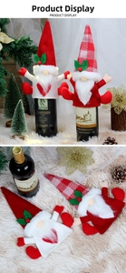 Detail of Christmas gnome wine bottle covers featuring red knits and plush white beards