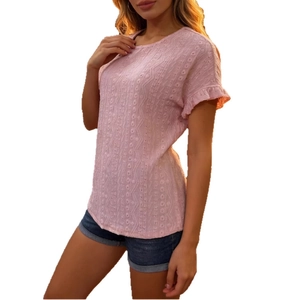 Women Pink Hollow Out Knit T-Shirt Ruffle Short Sleeve Round Neck Casual Elegant Solid Commuter Top