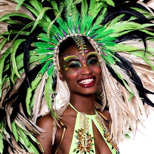 Luxury Mardi Gras costume set featuring large green feathers and jeweled accessories