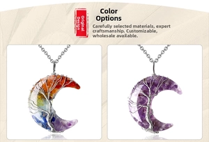 Close-up of tree of life crescent moon pendants with chakra and amethyst stones