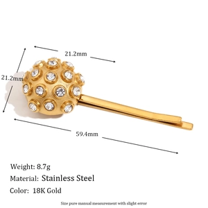 18K gold plated stainless steel hair clip featuring a spherical rhinestone embellishment