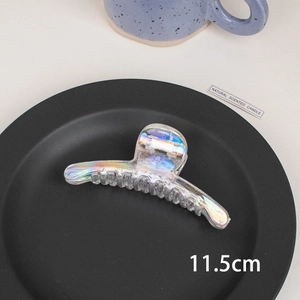 Detail view of 11.5cm iridescent transparent hair claw clip with holographic effect