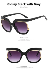 Fashion oversized sunglasses featuring glossy black frames and gold metal trim details