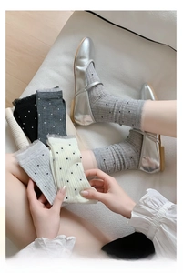 Detail of bamboo fiber socks with lace trim, polka dots, and ribbed knit texture