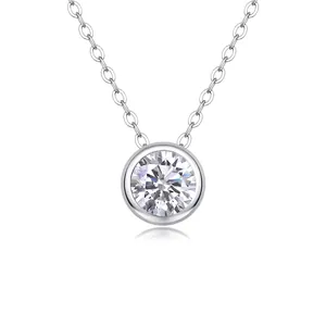 S925 sterling silver necklace with a bezel-set round moissanite pendant on O-chain