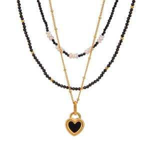 Heart Pendant Necklace Stainless Steel Crystal Natural Stone Faux Artificial Pearl Stacking Layered Vintage Elegant Women