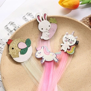 Set of 4 cartoon animal hair clips with colorful wig tassels for kids and girls