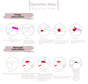 Application and removal guide for long ballet press-on nails with step-by-step instructions