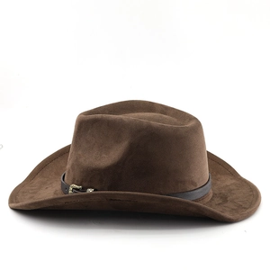 Detail of western cowboy hat featuring dark brown faux suede and a vintage metal buckle