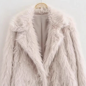 Champagne pink faux fur coat for women with a long plush texture and lapel design