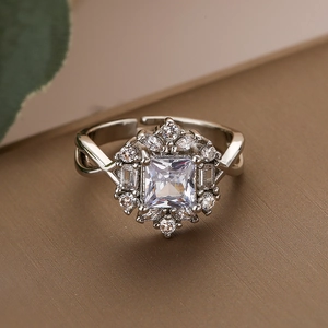 Luxury 18k gold plated geometric open ring with square zircon and floral halo design