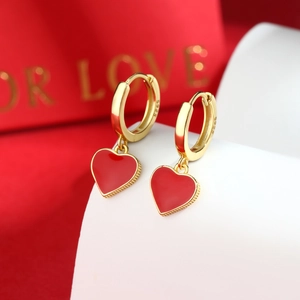 Elegant S925 sterling silver gold hoop earrings with red heart pendants for women