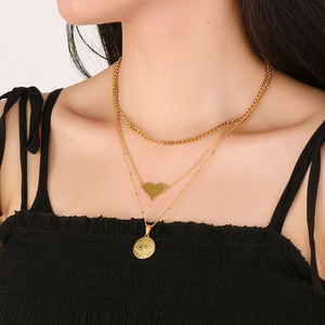 Collana A Strati Placcata Oro Acciaio Inossidabile Ciondolo Cuore Moneta Occhio Del Male Catena Cubana Per Donna