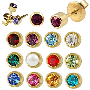 Boucles D'oreilles Clous Pierre De Naissance Plaquées Or 24K Acier Inoxydable Avec Strass Tchèque Stérile Pour Femmes