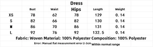 Size chart for V-neck layered midi dress showing measurements from XS to L in centimeters