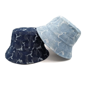 Retro Washed Denim Bucket Hat Women Vintage Animal Jacquard Cotton Fisherman Hat Sun Protection Breathable Casual Style