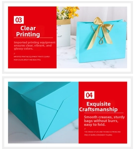 Detail view of light blue gift paper bag with golden ribbon bow and square base finish