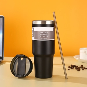 Black 30oz 890ml stainless steel vacuum insulated travel mug with straw and lid for coffee