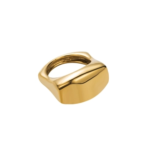 Detailed close-up of chunky gold geometric square ring with a polished mirror finish