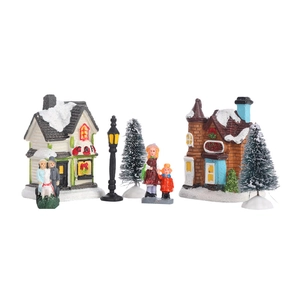 Lot de 7 miniatures de Noël avec maisons à LED et sapins enneigés pour décoration