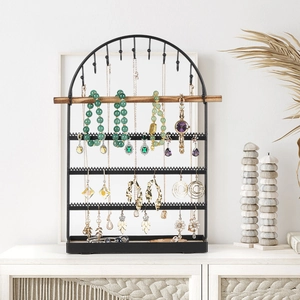 Black metal arched 5-tier jewelry organizer stand with wood bar and base tray