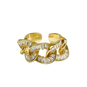 Minimalist gold S925 silver Cuban link open ring with baguette cubic zirconia stones