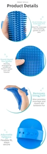 Detail of soft silicone bristles and adjustable handle for the blue pet grooming brush