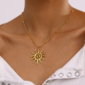 18k gold plated stainless steel sun pendant necklace with small beaded snake chain
