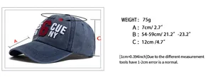 Size chart detail for washed cotton baseball cap with adjustable strap specifications