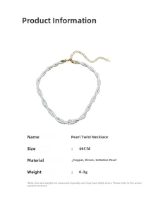 Detailed view showing a 46cm pearl twist necklace with zircon accents and its weight