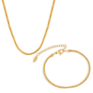 Minimalist twisted chain necklace and bracelet set in 18k gold plated stainless steel