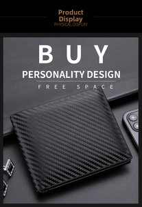 Macro view of men's bifold wallet featuring premium carbon fiber weave texture and finish