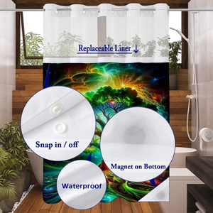 Detail of snap-in replaceable liner and magnetic bottom of waterproof shower curtain