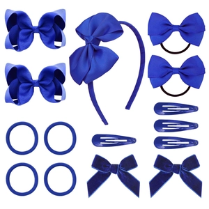 Detailed 15-piece royal blue hair bow set featuring ribbed ribbons and velvet textures